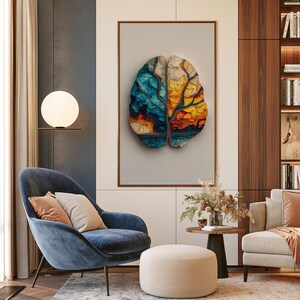 Puede incluir: Una pieza de arte mural rectangular enmarcada que presenta una ilustración estilizada de un cerebro. El hemisferio izquierdo muestra tonos azules y verde azulado fríos, mientras que el derecho presenta tonos cálidos amarillos, naranjas y rojos.