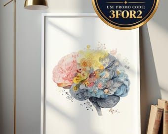 May include: A framed wall art print featuring a human brain illustration composed of colorful floral and botanical elements in shades of pink, yellow, and blue. A circular gold-rimmed badge displays the text: BUY 2, GET 1 FREE USE PROMO CODE: 3FOR2.