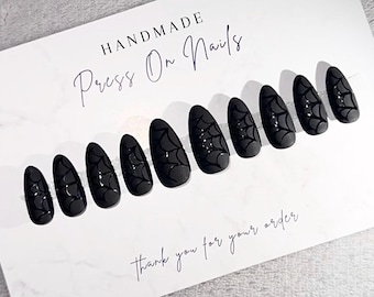 Black Matte and Glossy Halloween Press-On Nails UK |  Cobweb nails | Fake Nails | False Nails | Glue on nails | Full set of Nails