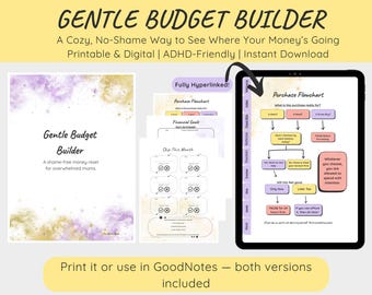 May include: A digital and printable "Gentle Budget Builder" with a flowchart, financial goals, and a "Skip This Month" section. The text reads "A Cozy, No-Shame Way to See Where Your Money's Going." Includes a tablet with a purchase flowchart. The product is ADHD-friendly.