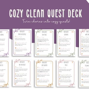 May include: A set of ten cards with a purple background, featuring the text "COZY CLEAN QUEST DECK" and "Turn chores into cozy quests!". Each card has a floral border and instructions for cleaning tasks. The cards are designed to make cleaning fun.