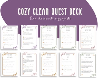 May include: A set of ten cards with a purple background, featuring the text "COZY CLEAN QUEST DECK" and "Turn chores into cozy quests!". Each card has a floral border and instructions for cleaning tasks. The cards are designed to make cleaning fun.