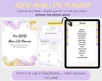 ADHD-livsplanerare för mammor | Utskrivbar + digital GoodNotes-version | Daglig, veckovis, rutin- och sysslouppföljare för överväldigade mammor