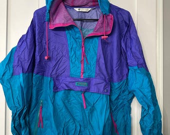 Columbia Womens 90s Vintage Windbreaker Jacket Hood Neon Pullover Sz Large