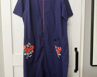 VINTAGE 60's Burnside navy zipper dress red polkadot collar & pockets sz M-L