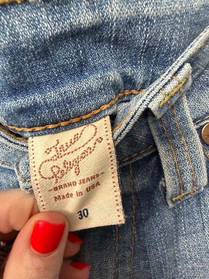 True Religion VINTAGE denim jeans yellow stitching bootcut leg in women’s sz 30 image 5
