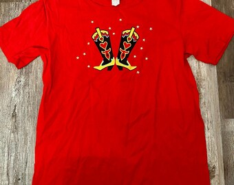 Bob Mackie Vintage Cowgirl Boots T Shirt Art Red Embroidered Size M VTG