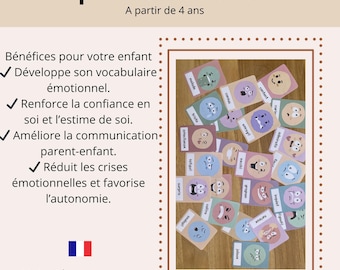 May include: A set of emotion flashcards with various facial expressions, including happy, sad, and angry. The cards are in a rectangular frame with text in French: "pack émotions" and "A partir de 4 ans". The cards are designed by a psychologist.