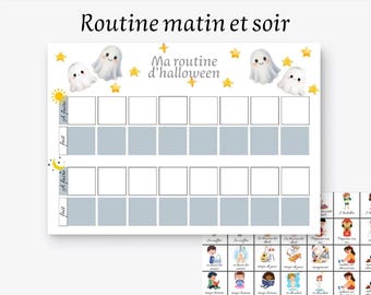 Op de afbeelding: Een wit en blauw Halloween-routine-diagram met de tekst "Routine matin et soir" en "Ma routine d'halloween". De kaart toont cartoongeesten, sterren en zon- en maaniconen. Het bevat vakjes voor dagelijkse taken en kleine illustraties.