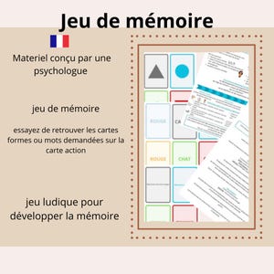 Op de afbeelding: Een geheugenspel met kaarten met vormen en woorden zoals "ROUGE" en "CHAT". Het spel bevat instructies en is ontworpen om geheugenvaardigheden te ontwikkelen. De tekst "Jeu de mémoire" staat bovenaan.
