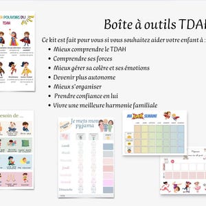 以下が含まれることがあります： 「Boîte à outils TDAH」と「Les Super Pouvoirs du TDAH」のテキストが入った、子供向けの教育用印刷物のコレクション。 ADHDの子供たちを支援するために設計されたチャート、チェックリスト、視覚補助が含まれています。 パレットの色はパステルと原色です。