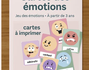 May include: A set of emotion flashcards with various facial expressions, including happy, sad, and angry. The cards are labeled with words like "content" and "admiring". The text "Cartes des émotions" and "cartes à imprimer" are visible.