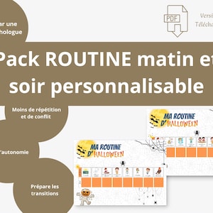 Peut inclure: Un téléchargement numérique présentant un tableau de routine matin et soir personnalisable pour Halloween. Le graphique inclut le texte 'Pack ROUTINE matin et soir personnalisable' et 'MA ROUTINE D'HALLOWEEN' avec des illustrations d'araignées, de toiles et d'une momie.