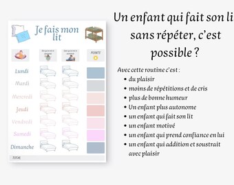 May include: A chore chart with the text "Je fais mon lit" (I make my bed). The chart includes illustrations of beds, a points system, and a list of benefits in French, such as "pleasure" and "more self-confidence."