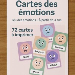 Può includere: Un set di flashcard delle emozioni con il titolo "Cartes des émotions". Le carte presentano illustrazioni di volti che esprimono diverse emozioni, tra cui felice, triste e arrabbiato. Il testo sulle carte è in francese.