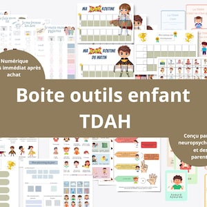 Puede incluir: Una colección de materiales educativos imprimibles y coloridos para niños con TDAH. Los materiales incluyen gráficos de rutina diaria, gráficos de recompensas y ayudas visuales. El texto de los materiales está en francés. El tema general se centra en ayudar a los niños con TDAH.