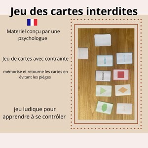 Peut inclure: Jeu de cartes intitulé "Jeu des cartes interdites". Le jeu comprend diverses cartes avec des formes, des couleurs et des mots français. Le texte sur les cartes comprend "ROUGE", "CARRE", "CAMION" et "CHAT".