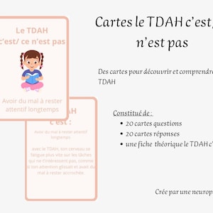Könnte beinhalten: Bildkarten-Set "Le TDAH c'est/ ce n'est pas" zur Erklärung von ADHS. Das Set enthält 20 Fragekarten, 20 Antwortkarten und ein theoretisches Blatt. Erstellt von einer Neuropsychologin.