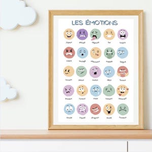 Op de afbeelding: Een ingelijste print met de tekst "LES ÉMOTIONS" en illustraties van emoties. Elke emotie wordt weergegeven door een kleurrijk, rond gezicht met verschillende uitdrukkingen. De lijst is lichtbruin.