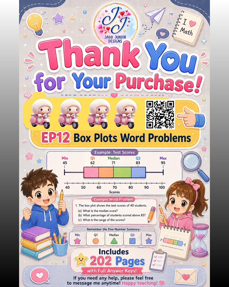 May include: A digital educational worksheet titled Thank You for Your Purchase featuring Jadd Junior Designs branding, a QR code, and EP12 Box Plots Word Problems. It includes a box plot diagram, a sample word problem, and a 202-page count indicator.