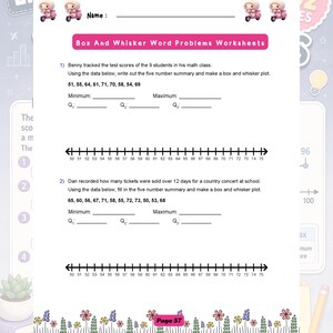 May include: A maths worksheet titled Box And Whisker Word Problems Worksheets featuring two problems with data sets, blank lines for five-number summaries, and two number lines ranging from 50 to 75. The page includes small cartoon scooter icons.