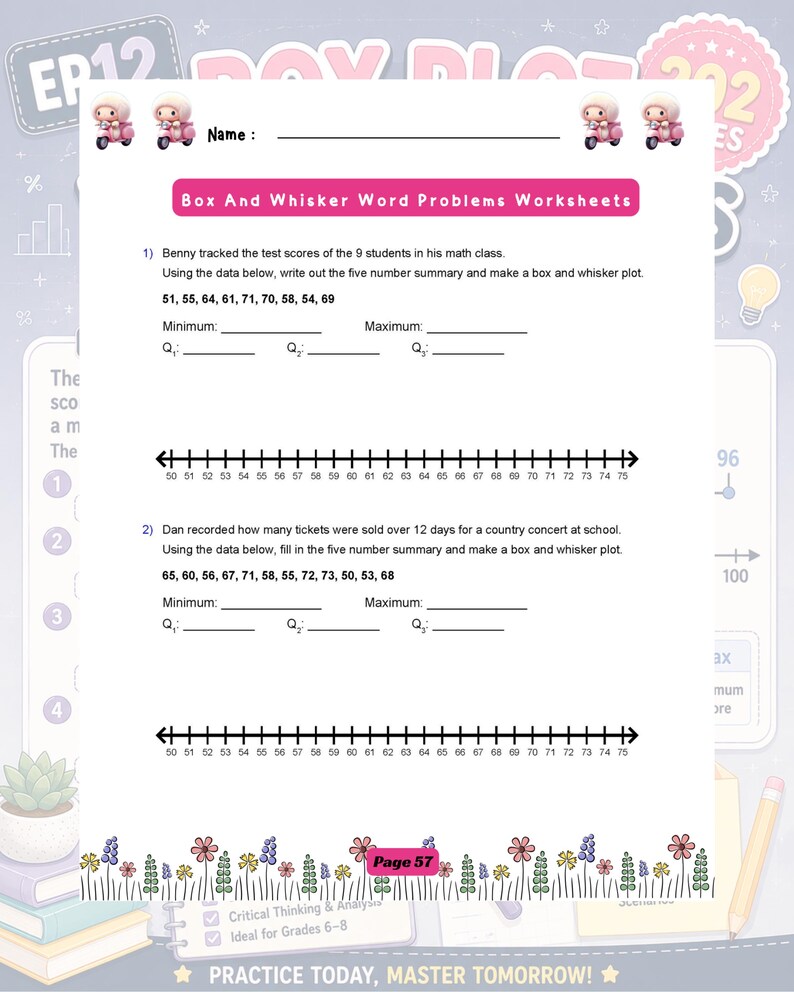 May include: A maths worksheet titled Box And Whisker Word Problems Worksheets featuring two problems with data sets, blank lines for five-number summaries, and two number lines ranging from 50 to 75. The page includes small cartoon scooter icons.