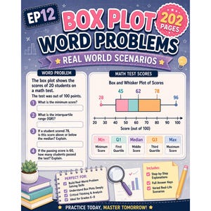 May include: A 202-page educational workbook titled Box Plot Word Problems Real World Scenarios, featuring math exercises, a box and whisker plot diagram with scores from 28 to 96, a magnifying glass, a stack of books, and a yellow notepad.