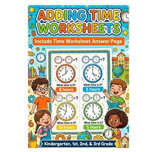 May include: A colorful educational poster titled "Adding Time Worksheets" with illustrations of clocks and children. The poster includes time-telling exercises for Kindergarten through 3rd grade students. The answer page is included.