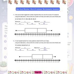 May include: A maths worksheet titled Box And Whisker Word Problems Worksheets Answers featuring two problems with data sets, five-number summaries, and box and whisker plots on number lines ranging from 1 to 25, with small cartoon scooters at the top.