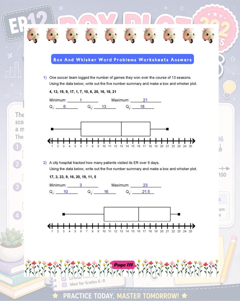 May include: A maths worksheet titled Box And Whisker Word Problems Worksheets Answers featuring two problems with data sets, five-number summaries, and box and whisker plots on number lines ranging from 1 to 25, with small cartoon scooters at the top.