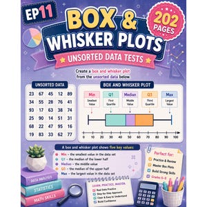 May include: An educational worksheet titled EP11 Box & Whisker Plots with 202 pages. It features a guide on unsorted data, a box and whisker plot diagram, a list of five key values, a checklist, a magnifying glass, a calculator, and books.