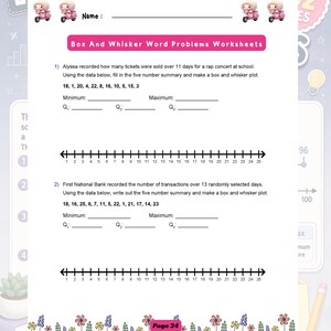 May include: A white educational worksheet titled Box And Whisker Word Problems Worksheets featuring two maths problems with number lines, blank spaces for five-number summaries, and decorative pink scooter and floral illustrations at the top and bottom.