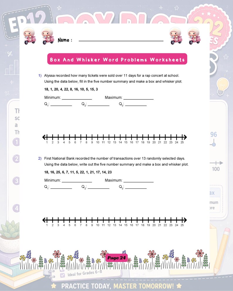 May include: A white educational worksheet titled Box And Whisker Word Problems Worksheets featuring two maths problems with number lines, blank spaces for five-number summaries, and decorative pink scooter and floral illustrations at the top and bottom.