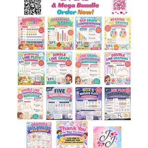 May include: A collection of twelve educational graphing and data worksheets titled Graphing & Data Worksheets EP1-EP12 & Mega Bundle. Each page features colourful illustrations, maths problems, and data charts. Includes QR codes and a thank you page.