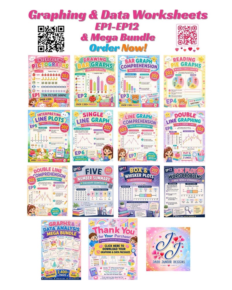 May include: A collection of twelve educational graphing and data worksheets titled Graphing & Data Worksheets EP1-EP12 & Mega Bundle. Each page features colourful illustrations, maths problems, and data charts. Includes QR codes and a thank you page.