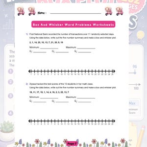 May include: A maths worksheet titled Box And Whisker Word Problems Worksheets, featuring two problems with data sets, blank lines for five-number summaries, and number lines from 1 to 25. The page includes small cartoon scooter illustrations.