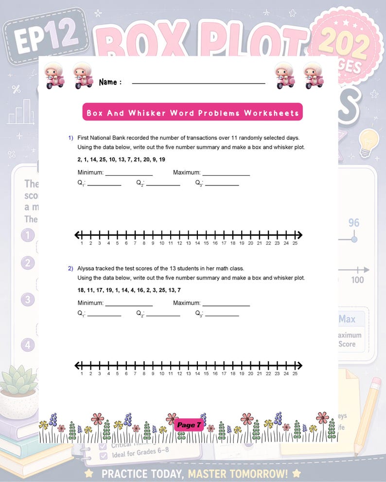 May include: A maths worksheet titled Box And Whisker Word Problems Worksheets, featuring two problems with data sets, blank lines for five-number summaries, and number lines from 1 to 25. The page includes small cartoon scooter illustrations.