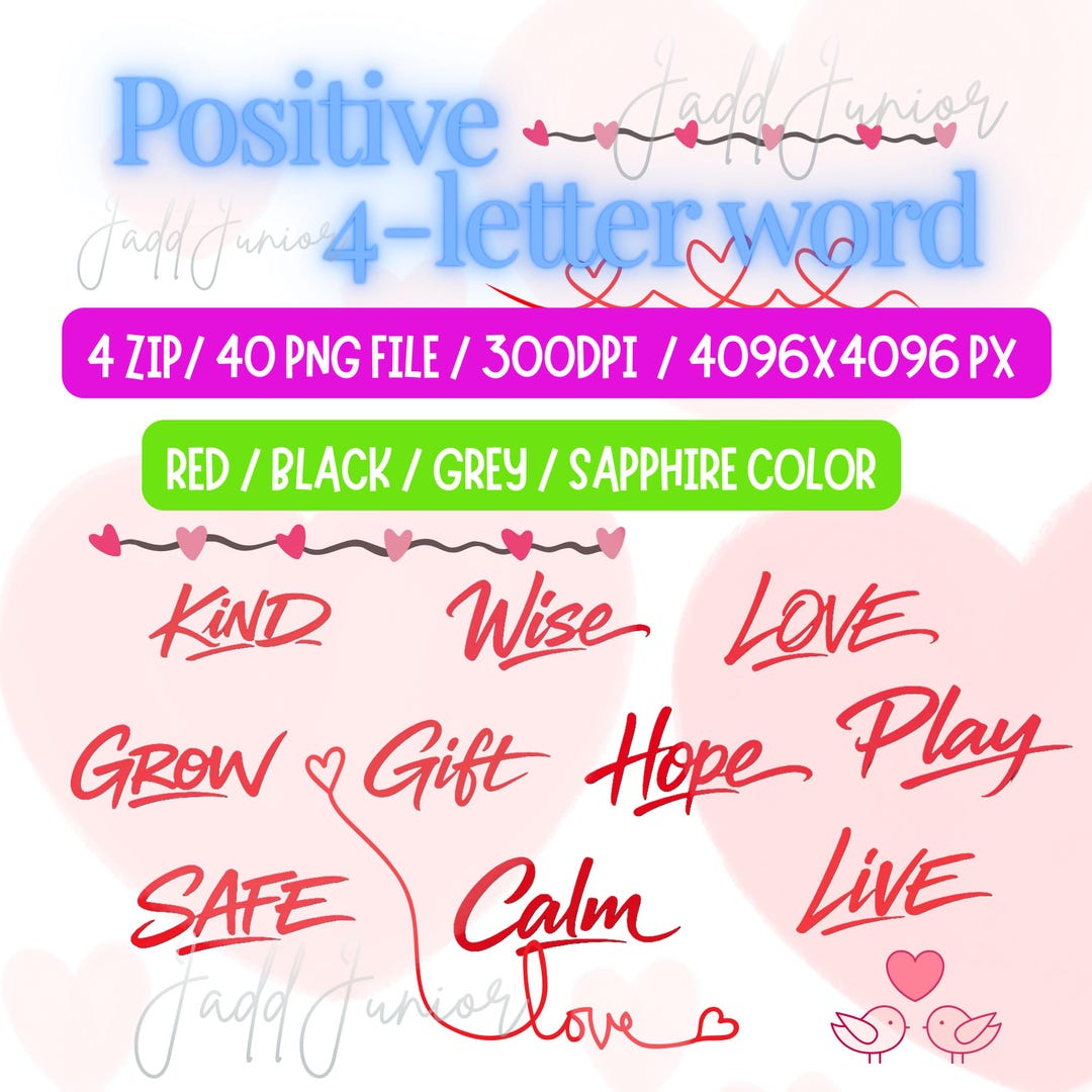Positive 4 Letter Words, 40PNG Bundle Sublimation Design, Inspirational ...