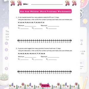 May include: A white educational worksheet titled Box And Whisker Word Problems Worksheets featuring two maths problems with data sets, blank lines for five-number summaries, and number lines ranging from 75 to 100, decorated with small cartoon scooters.