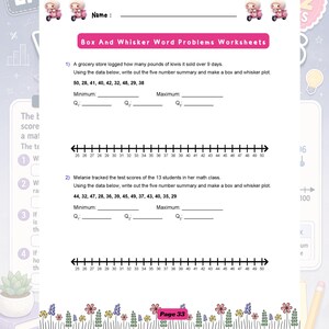 May include: A white educational worksheet titled Box And Whisker Word Problems Worksheets with a Name line, two maths problems involving data sets, number lines from 25 to 50, and small illustrations of pink scooters and colourful flowers.