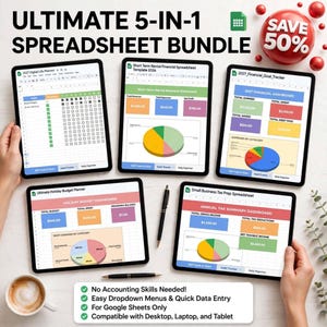 May include: Five digital tablets display spreadsheet templates titled Ultimate 5-in-1 Spreadsheet Bundle, featuring colorful charts, financial dashboards, and budget trackers. Text includes No Accounting Skills Needed, Easy Dropdown Menus, and Quick Data Entry.