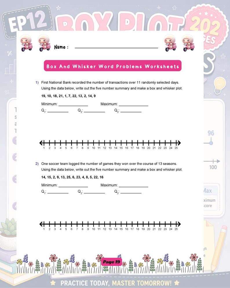 May include: A maths worksheet titled Box And Whisker Word Problems Worksheets featuring two problems with data sets, blank lines for five-number summaries, and two number lines ranging from 1 to 25. The page includes cartoon scooter illustrations.