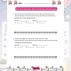 May include: A white educational worksheet titled Box And Whisker Word Problems Worksheets with two maths problems involving data sets, five-number summary blanks, and two horizontal number lines ranging from 50 to 75 for plotting data.