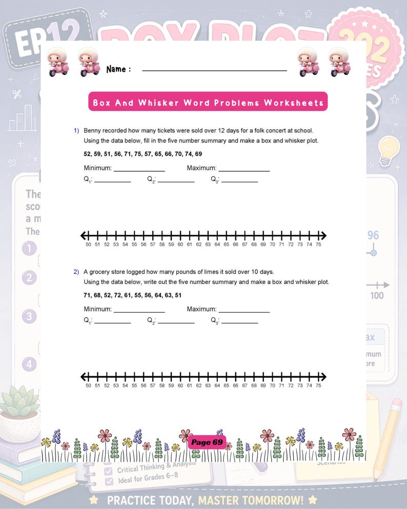 May include: A white educational worksheet titled Box And Whisker Word Problems Worksheets with two maths problems involving data sets, five-number summary blanks, and two horizontal number lines ranging from 50 to 75 for plotting data.