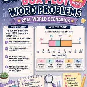May include: An educational worksheet titled EP12 BOX PLOT WORD PROBLEMS 202 PAGES REAL WORLD SCENARIOS. It features a maths test score box and whisker plot, four word problems, a data table, a magnifying glass, a stack of books, and a yellow note.
