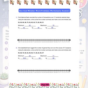 May include: A maths worksheet titled Box And Whisker Word Problems Worksheets Answers, featuring two statistical problems with data sets, five-number summaries, and number lines. The page includes small cartoon scooter icons and floral borders.