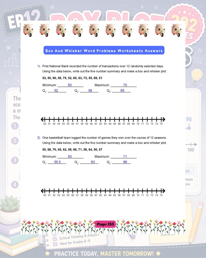 May include: A maths worksheet titled Box And Whisker Word Problems Worksheets Answers, featuring two statistical problems with data sets, five-number summaries, and number lines. The page includes small cartoon scooter icons and floral borders.