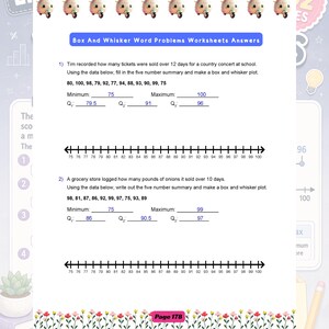 May include: A maths worksheet titled Box And Whisker Word Problems Worksheets Answers featuring two problems with data sets, five-number summaries, and number lines. The page includes small cartoon scooter icons at the top and floral borders at the bottom.