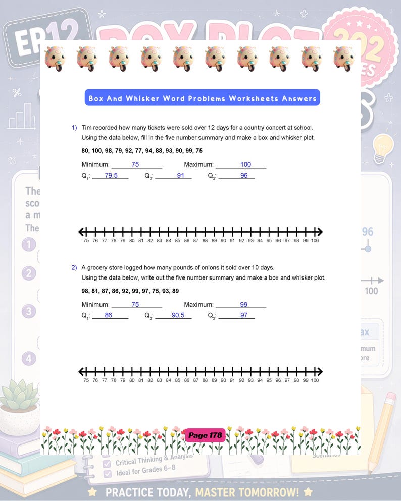 May include: A maths worksheet titled Box And Whisker Word Problems Worksheets Answers featuring two problems with data sets, five-number summaries, and number lines. The page includes small cartoon scooter icons at the top and floral borders at the bottom.