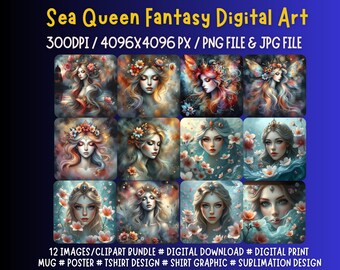 Sea Queen Fantasy Clipart Bundle: Mystical Ocean Art (PNG JPG, 4096x4096px) (Digital Download)